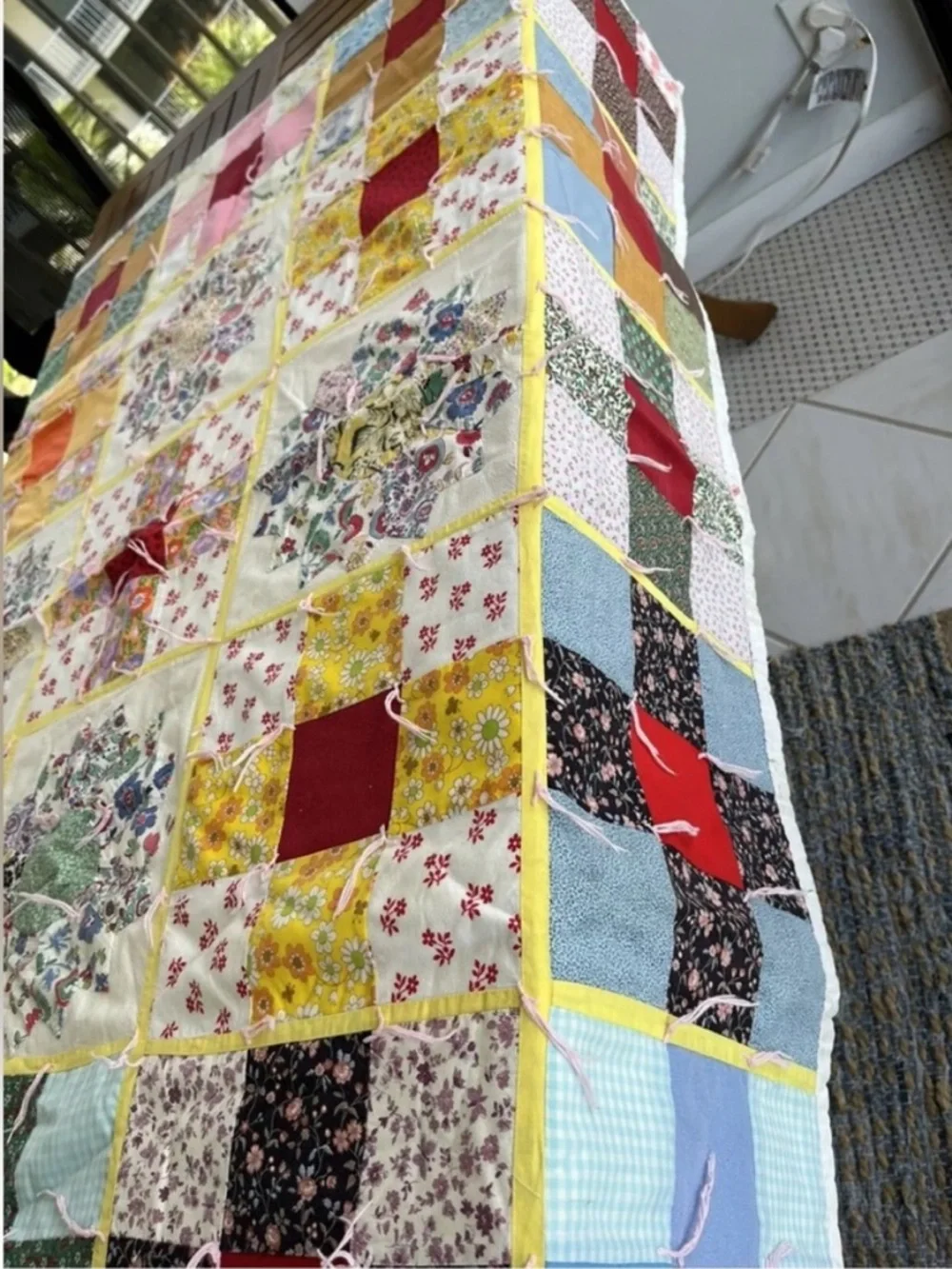 Feedsack Floral Patch Patchwork Quilt Throw Handmade Red Blue Vintage 50s 60s